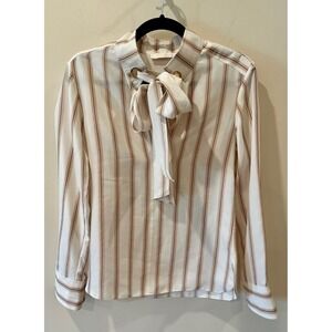 Chloe Pencil Striped Silk Tie Neck Long Sleeve Blouse V-neck Beige Lux $1150
